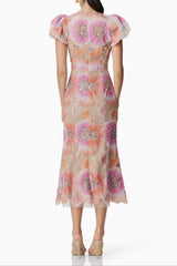 Puff Sleeve Floral Midi Dress in Pink