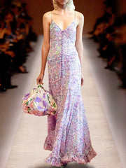 Pink Floral V-Neck Ruffle Maxi Dress