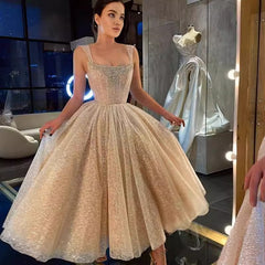 Square Neck Rhinestone Sequin Puffy Midi Dress - Silver