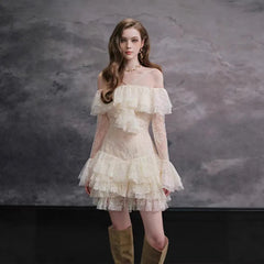 Off Shoulder Lace Ruffle Mini Dress