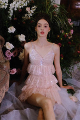 Pink Sleeveless Sequin Ruffle Short Dinner Dress