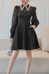 Black Rhinestone Collar Neck Lace Hollow Sleeve Mini Dress