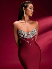 Off-Shoulder Crystal Bandage Gown in Burgundy