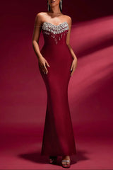 Off-Shoulder Crystal Bandage Gown in Burgundy