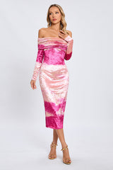 Pink Off-Shoulder Print Long Sleeve Midi Dress