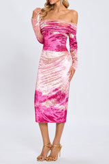 Pink Off-Shoulder Print Long Sleeve Midi Dress