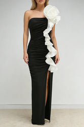 One Shoulder Peony Ruffle Gown in Black