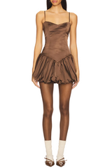 Satin Puffy Mini Dress - Brown