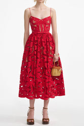 Red Embroidered Midi Dress