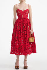Red Embroidered Midi Dress