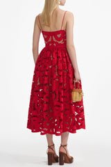 Red Embroidered Midi Dress