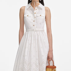 White Cotton Broderie Collared Midi Dress