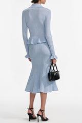 Blue Pointelle Peplum Knit Midi Dress