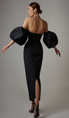 Puff Sleeve Midi Dress In Black