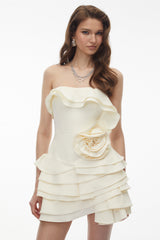 Neutral Off Shoulder Mini Dress with 3D Florals