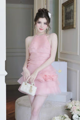 3D Flower Halter Ruffle Mini Dress in Pink