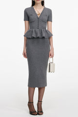 V-Neck Peplum Knit Midi Dress in Grey