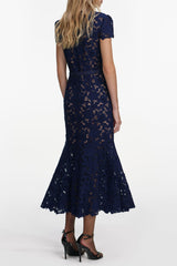 Navy Blue Guipure Lace Hollow Midi Dress