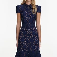 Navy Blue Guipure Lace Hollow Midi Dress