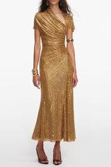 Gold Rhinestone Drape Cutout Maxi Dress