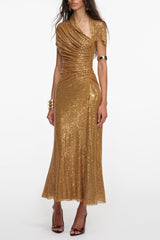 Gold Rhinestone Drape Cutout Maxi Dress