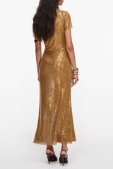 Gold Rhinestone Drape Cutout Maxi Dress