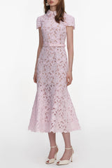 Pink Guipure Lace Hollow Midi Dress