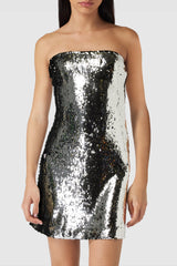 Off-Shoulder Sequin Embellished Mini Dress in Silver
