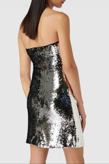 Off-Shoulder Sequin Embellished Mini Dress in Silver