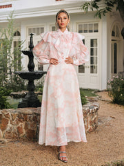 High Neck Floral Organza BlouSequin Maxi Skirt Set in Pink
