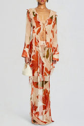 Rolana Floral Print Ruffle BlouSequin & Maxi Skirt Set