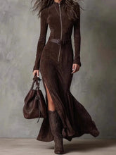 Belt Solid Long Sleeve Slim Fit Maxi Dress