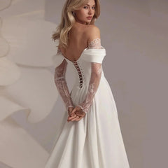 A Line Off Shoulder Split Satin Lace Appliques Bridal Gowns