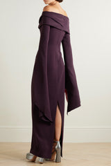 Off-The-Shoulder Crepe Maxi Dress in Burgundy