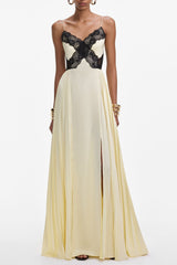 Yellow Satin Lace Maxi Dress