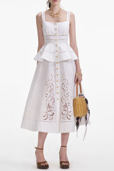 Cream Linen Peplum Midi Dress