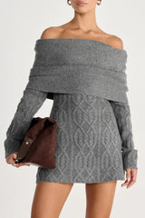 Off Shoulder Knit Mini Dress - Grey