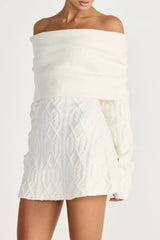 Off Shoulder Knit Mini Dress - White