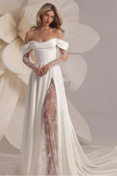 A Line Off Shoulder Split Satin Lace Appliques Bridal Gowns