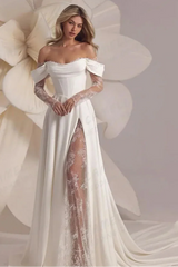 A Line Off Shoulder Split Satin Lace Appliques Bridal Gowns