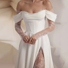 A Line Off Shoulder Split Satin Lace Appliques Bridal Gowns