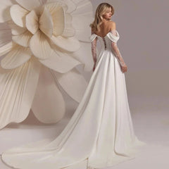 A Line Off Shoulder Split Satin Lace Appliques Bridal Gowns