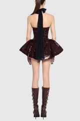Sequin Halter Mini Dress in Merlot