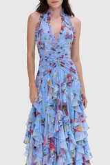 Floral Halter Ruffle Maxi Dress in Blue
