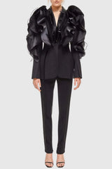 Ruffle Embellished Blazer in Black