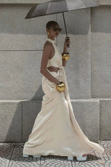 Stephanie Cutout Waist Halter Maxi Dress in Beige
