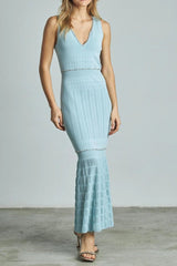 V-Neck Beading Knit Bodycon Maxi Dress in Blue
