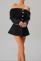 Black Off-shoulder Feather Metal Buckle Decoration Blazer Mini Dress