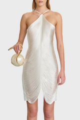 Halter Fringe Mini Dress - White