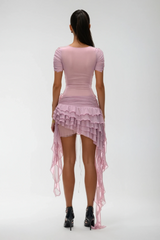 Lace Up Plunge Ruffle Mini Dress